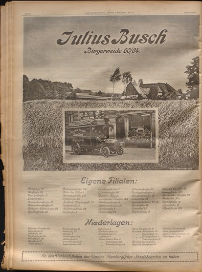 Alte Zeitungswerbung für die Julius Busch-Bäckerei, die ein Bild eines Bäckereiwagens und eines Schaufensters enthält und mehrere Filialstandorte auflistet.