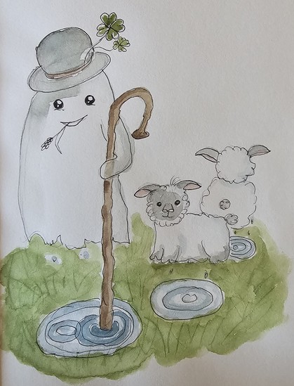 Watercolor with fineliner: shepherd spirit with a hat on which two clovers rock. He holds a shepherd's stick with a hook and two spirit sheep hover beside him.

Aquarell mit Fineliner: Schäfergeist mit einem Hut, an dem zwei Kleeblätter wippen. Er hält einen Schäferstab mit Haken und zwei Geisterschafe schweben neben ihm.