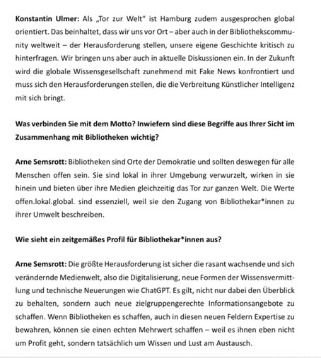 Bild eines Dokuments, das einen Text enthält, in dem die globale Ausrichtung Hamburgs, die Relevanz von Bibliotheken in der Demokratie und das zeitgenössische Profil der Bibliothekare diskutiert werden.