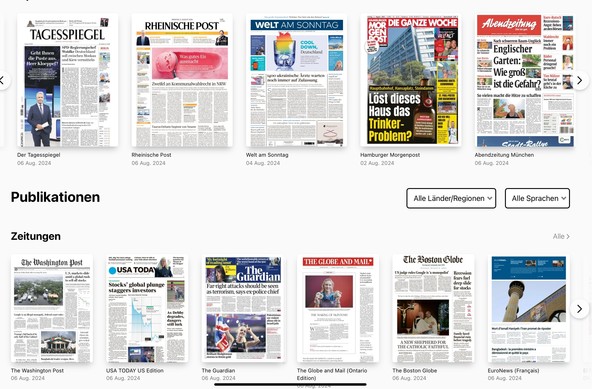 Screenshot mit ausgewählten deutschen und internationalen Zeitungen, zugänglich über die Datenbank Pressreader