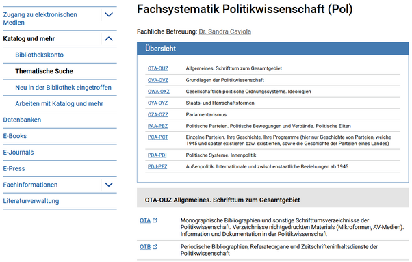 Screenshot der Fachsystematik Politikwissenschaft