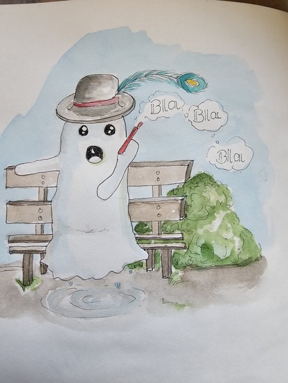 Watercolor with fineliner: A ghost with a hat and peacock feather sits relaxed on a park bench. He has a red cell phone pinched between his ear and shoulder and chatters incessantly.

Aquarell mit Fineliner: Ein Geist mit Hut und Pfauenfeder sitzt entspannt auf einer Parkbank. Er hat ein rotes Handy zwischen Ohr und Schulter eingeklemmt und schätzt unaufhörlich. 