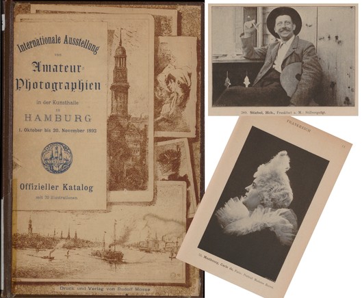 Vintage-Katalogcover und Seiten der Internationalen Amateurfotografie-Ausstellung in Hamburg, Oktober-November 1893. Enthält sepia-Töne Illustrationen und Porträts von Personen.