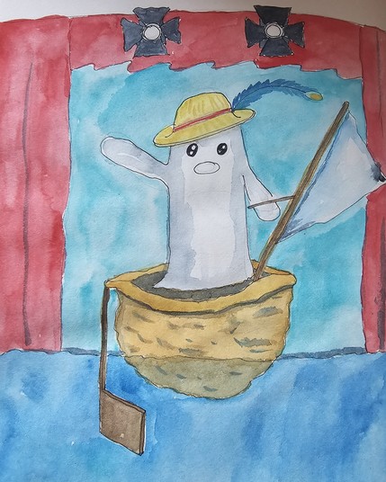 Watercolor and Fineliner: A ghost with a straw hat recites text on a theatre stage. He stands in a sailboat from a nutshell. / 
Aquarell und Fineliner: Ein Geist mit Strohhut rezitiert Text auf einer Theaterbühne. Dabei steht er in einem Segelboot aus einer Nussschale. 