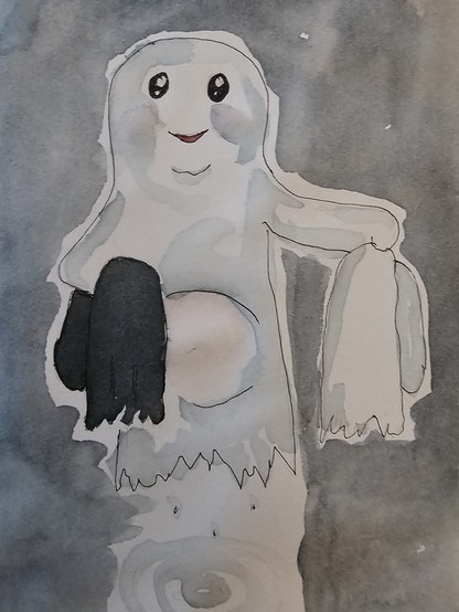 Watercolor with fineliner: Ghost with a small belly holds a dark ghost costume pressed close to it and further away from it a white one that he wants to put away.

Aquarell mit Fineliner: Geist mit kleinem Bauch hält dicht an sich gedrückt ein dunkles Geistkostüm und weiter von sich entfernt ein weißes, dass er weglegen will.