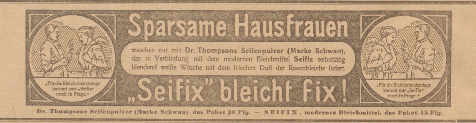 Vintage-Anzeige für Dr. Thompsons Seifenpulver mit zwei Frauen. Der Text bewirbt 