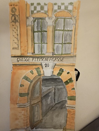 Aquarell: Ausschnitt des Hauses Nr. 19 in der Großen Fleischergasse, einer der Torbögen und zwei darüberliegende Fenster