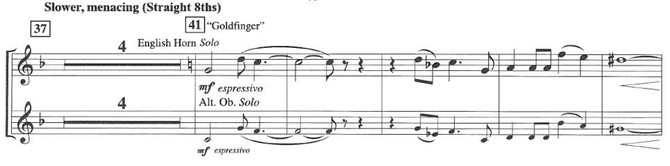 ausschnitt von orchesternoten für oboe/englischhorn mit 5 takten des titelthemas des bond-films "goldfinger"