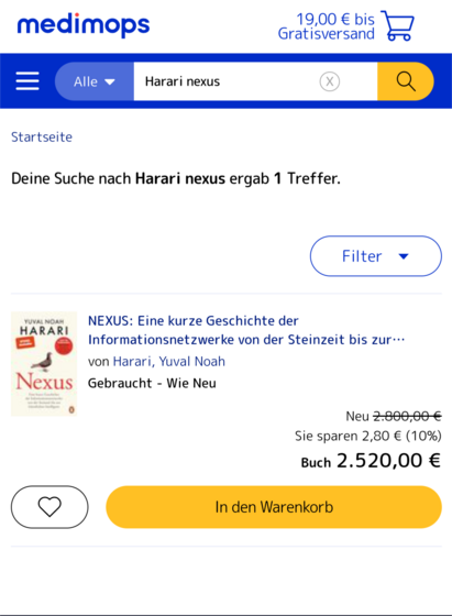 Eine Trefferanzeige von medimops.de zur Suche nach dem neuen Harari-Buch 