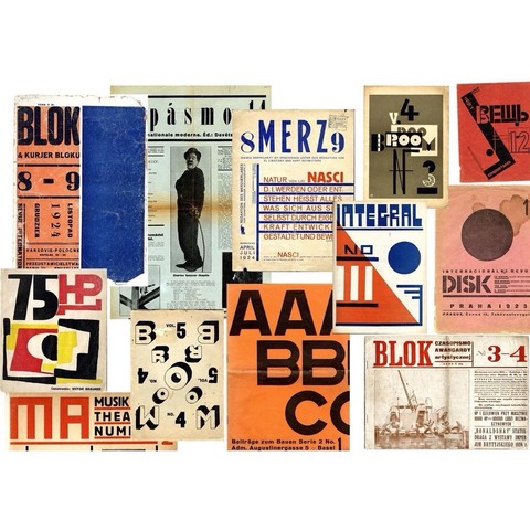 Eine Collage aus verschiedenen Vintage-Magazin- und Publikationscovern mit kühner Typografie und künstlerischen Designs. Die Cover enthalten Titel wie 