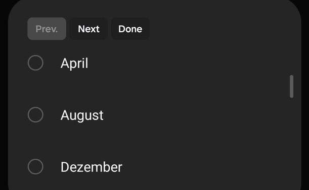 Screenshot of a list with alphabetically sorted months