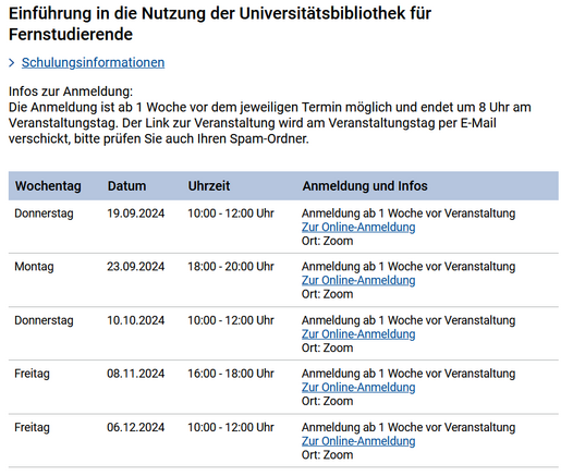 Screenshot der verlinkten Seite, Abschnitt Einführung in die Nutzung der UB für Fernstudierende