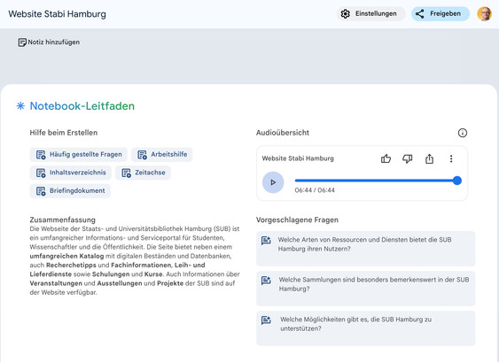 Screenshot NotebookLM zur Website der Stabi Hamburg