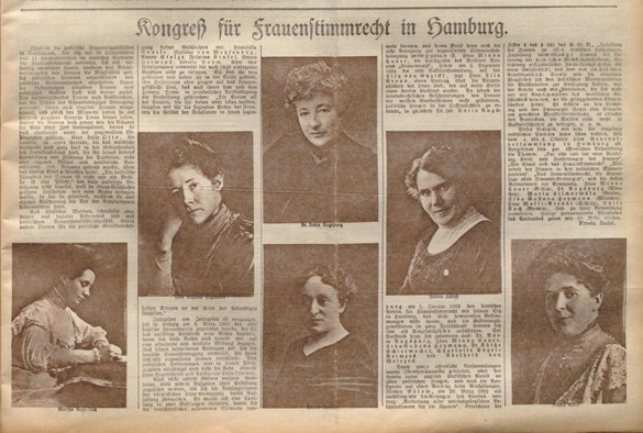 Das Bild zeigt eine historische Zeitungsseite, die einem Kongress für das Frauenwahlrecht in Hamburg gewidmet ist. Es enthält mehrere sepiafarbene Fotos von Aktivistinnen sowie Texte, die Frauenrechte und politisches Engagement diskutieren. Bemerkenswerte Persönlichkeiten werden identifiziert, die die Auswirkungen der Bewegung betonen.