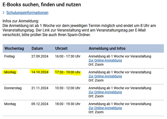 Screenshot der verlinkten Seite, Abschnitt E-Books suchen, finden und nutzen