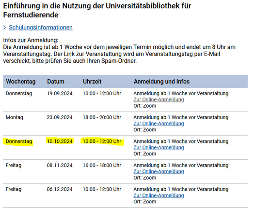 Screenshot der verlinkten Seite, Abschnitt Einführung in die Nutzung der Universitätsbibliothek für Fernstudierende