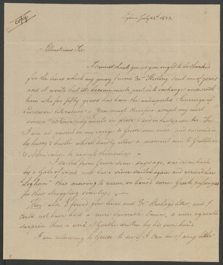 Brief Lord Byrons an Goethe vom 22. Juli 1823, in dem er ihn als "the undisputed Sovereign of European literature" bezeichnet.