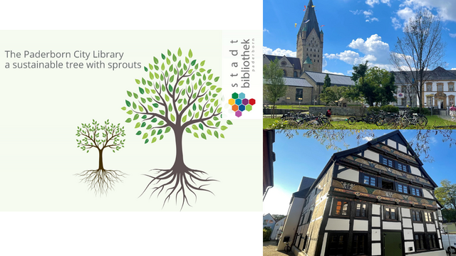 Grafik mit Foto und Text:

The Paderborn green Library
a sustainable tree with sprout.

Zwei Fotos des alten Gachwerkhauses der Stadtbibliothek Paderborn.