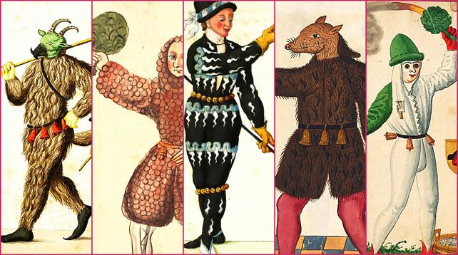 Collage mit 5 mittelalterlichen Buchillustrationen von Menschen in fantasievollen Kostümen, teils mit Tiermasken