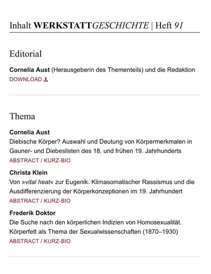 Inhaltsverzeichnis (Auszug) WERKSTATTGESCHICHTE Heft 91 

Editorial
Cornelia Aust (Herausgeberin des Thementeils) und die Redaktion 

Thema

Cornelia Aust
Diebische Körper? Auswahl und Deutung von Körpermerkmalen in Gauner- und Diebeslisten des 18. und frühen 19. Jahrhunderts 

Christa Klein
Von »vital heat« zur Eugenik. Klimasomatischer Rassismus und die Ausdifferenzierung der Körperkonzeptionen im 19. Jahrhundert 

Frederik Doktor
Die Suche nach den körperlichen Indizien von Homosexualität. Körperfett als Thema der Sexualwissenschaften (1870-1930) 