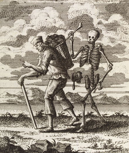etching: a man with a basket on his back and a skeleton 
