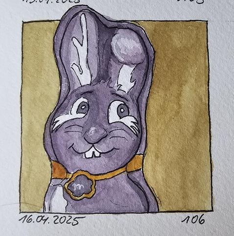 Aquarell: Obere Hälfte eines lilafarbenen Schokoladenosterhasens