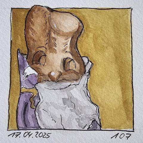 Aquarell: Obere Hälfte eines lilafarbenen Schokoladenosterhasens, bei dem zum Teil die Silberfolie entfernt worden ist und nun die Schokoladenhohlfigur zu sehen ist. 