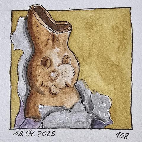 Aquarell: Obere Hälfte eines lilafarbenen Schokoladenosterhasens, bei dem zum Teil die Silberfolie entfernt worden ist und nun die Schokoladenhohlfigur zu sehen ist, der ein großes Stück der Ohren abgebissen worden ist und wo man nun deutlich sieht, dass es eine Hohlfigur ist.
