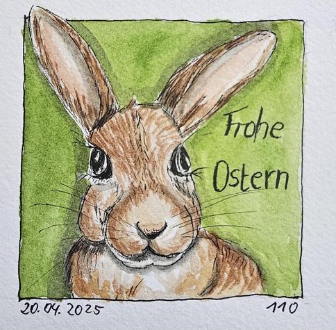 Aquarell: Kopf eines Hasens vor grünem Hintergrund. Daneben steht: Frohe Ostern. Das linke Ohr des Hasens ragt aus dem vorgegebenen Quadrat. 