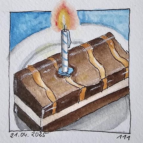 Aquarell: Stück rechteckiger Kuchen auf einer kleinen Untertasse mit einer kleinen brennenden Stabkerze