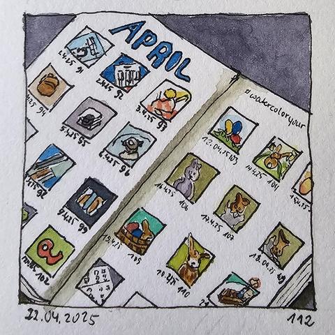 Aquarell: Aufgeschlagenes Skizzenbuch mit vielen kleinen quadratischen Skizzen. Sichtbar ist eine Doppelseite des schrägliegenden Buches, dessen Ecken im quadratischen Rahmen abgeschnitten sind.