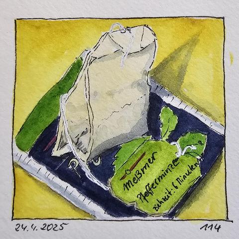 Aquarell: Teebeutelhalter auf dem dazugehörigen Papiertütchen, in dem er einzelverpackt gewesen war 