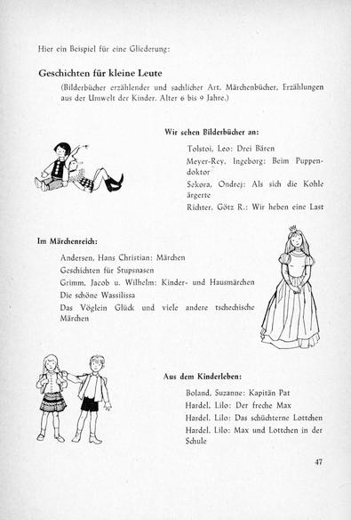 Eine Seite aus der Broschüre "Die Arbeit mit dem Kinderbuch in der Feriengestaltung 1957: Anleitungen für Veranstaltungen und Praktische Hinweise". Sie zeigt eine Liste von Büchern, die mit Überschriften gegliedert und je Überschrift mit einer Illustration versehen ist.
