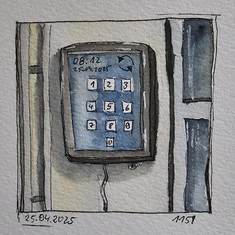 Aquarell: Tablett an einer Wand mit einem Nummernpad drauf und Datum und Uhrzeit. Es wartet betriebsbereit darauf, dass man seine Pin eingibt und sich mit einer digitalen Stempeluhr auf Arbeit einstempelt.