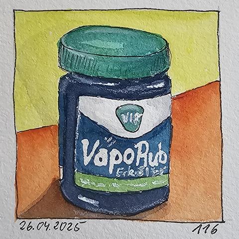 Aquarell: Verschlossener 100g-Becher einer bekannten Erkältungssalbe in blau und grün mit weißer Schrift 