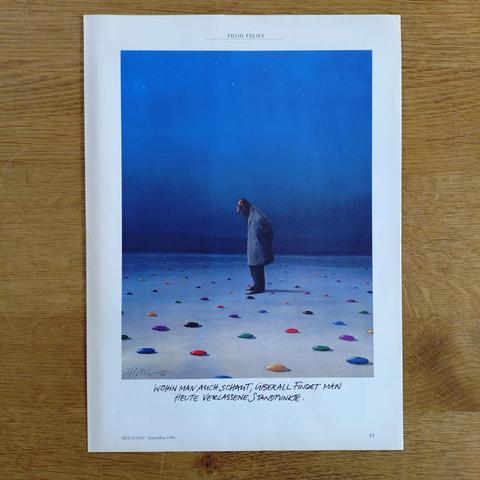 foto einer seite aus dem NZZ folio september 1996 mit einer zeichnung von gehard glück: man sieht einen mann in einer leeren landschaft stehen, in der bunte große punkte auf dem boden liegen. bildunterschrift: "wohin man auch schaut, überall findet man heute verlassene standpunkte."