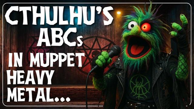 A green, Muppet-style heavy metal singer with white and red eyes, posed and singing. The caption reads: Cthulhu's ABCs: In Muppet Heavy Metal.