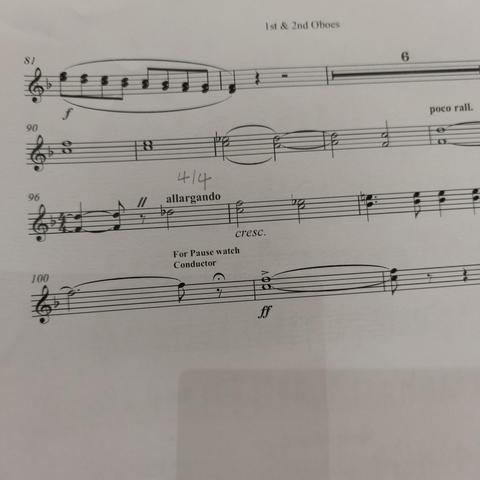 foto eines ausschnitts von noten; an einer generalpausenstelle steht der hinweis "for pause watch conductor"