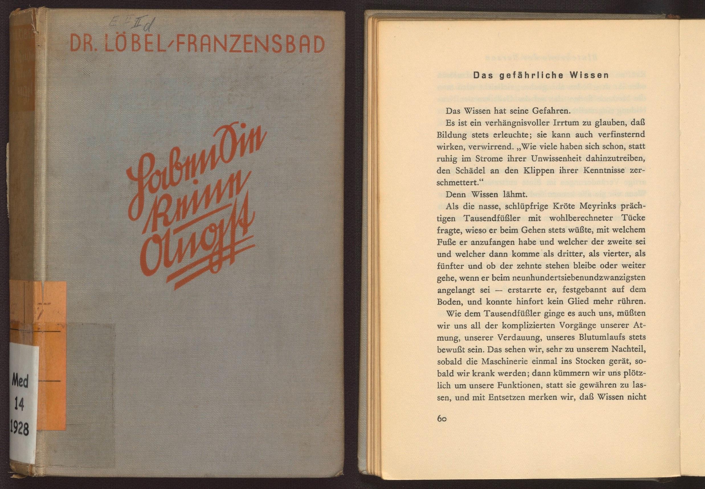 Das Bild zeigt das Cover und eine Seite aus einem Buch mit dem Titel "Dr. Löbel-Franzensbad." Das Cover zeigt den Titel in einer stilisierten roten Schrift zusammen mit dem Namen des Autors.