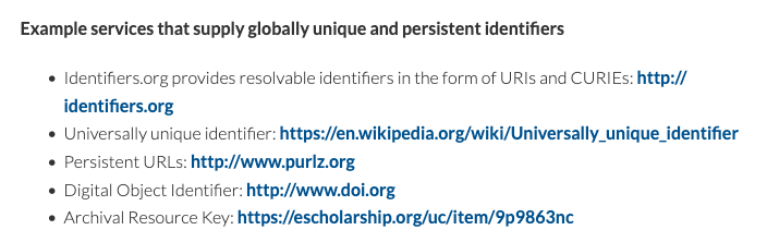 The image is a list of services that supply globally unique and persistent identifiers. The heading reads “Example services that supply globally unique and persistent identifiers”. Below this are bullet points listing these services and their corresponding URLs. 
The first bullet point states "Identifiers.org provides resolvable identifiers in the form of URLs and CURIEs: http://identifiers.org". 
The second bullet point states “Universally unique identifier: http://en.wikipedia.org/wiki/Univer…