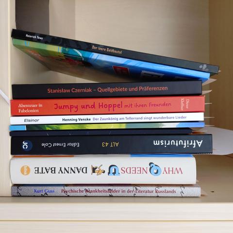 foto einiger bücher in einem regalfach; zu besseren lesbarkeit der titel auf den buchrücken wurde das foto um 90 grad nach rechts gedreht