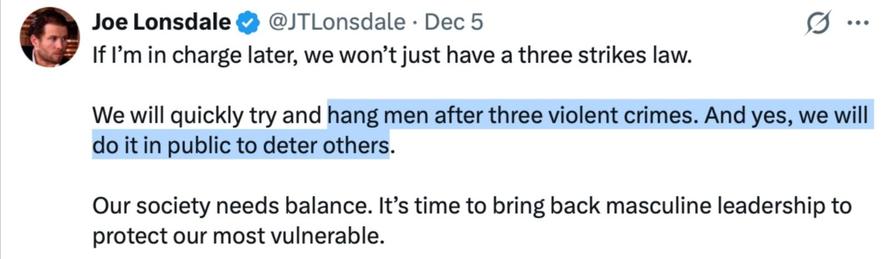 Tweet von Joe Lonsdale, dem Mitgründer von Palantir, wo er öffentliche Hinrichtungen durch den Strang als Beispiel "männlicher Führungskraft" fordert.