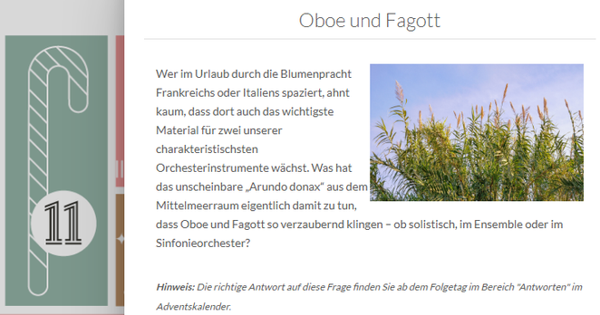 screenshot aus dem adventskalender mit folgender frage:
"Oboe und Fagott
Wer im Urlaub durch die Blumenpracht Frankreichs oder Italiens spaziert, ahnt kaum, dass dort auch das wichtigste Material für zwei unserer charakteristischsten Orchesterinstrumente wächst. Was hat das unscheinbare „Arundo donax“ aus dem Mittelmeerraum eigentlich damit zu tun, dass Oboe und Fagott so verzaubernd klingen – ob solistisch, im Ensemble oder im Sinfonieorchester?"