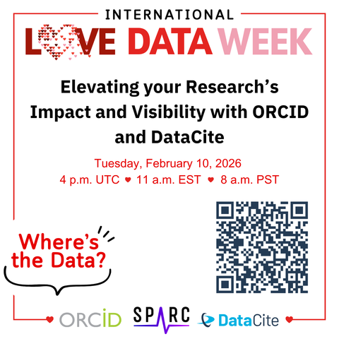 Promotional graphic for International Love Data Week featuring the event title "Elevating your Research’s Impact and Visibility with ORCID and DataCite." The event is scheduled for February 10, 2026, with time zones listed. Includes a QR code and the logos of ORCID, SPARC, and DataCite.