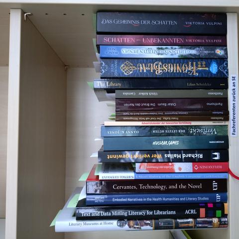 foto einiger bücher in einem regalfach; zu besseren lesbarkeit der titel auf den buchrücken wurde das foto um 90 grad nach links gedreht