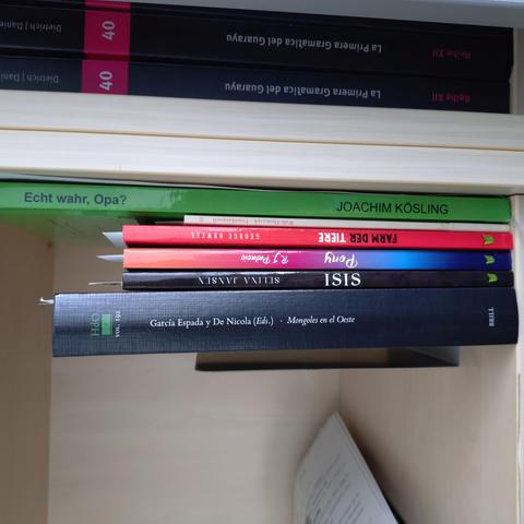 foto einiger bücher in einem regalfach; zu besseren lesbarkeit der titel auf den buchrücken wurde das foto um 90 grad nach links gedreht