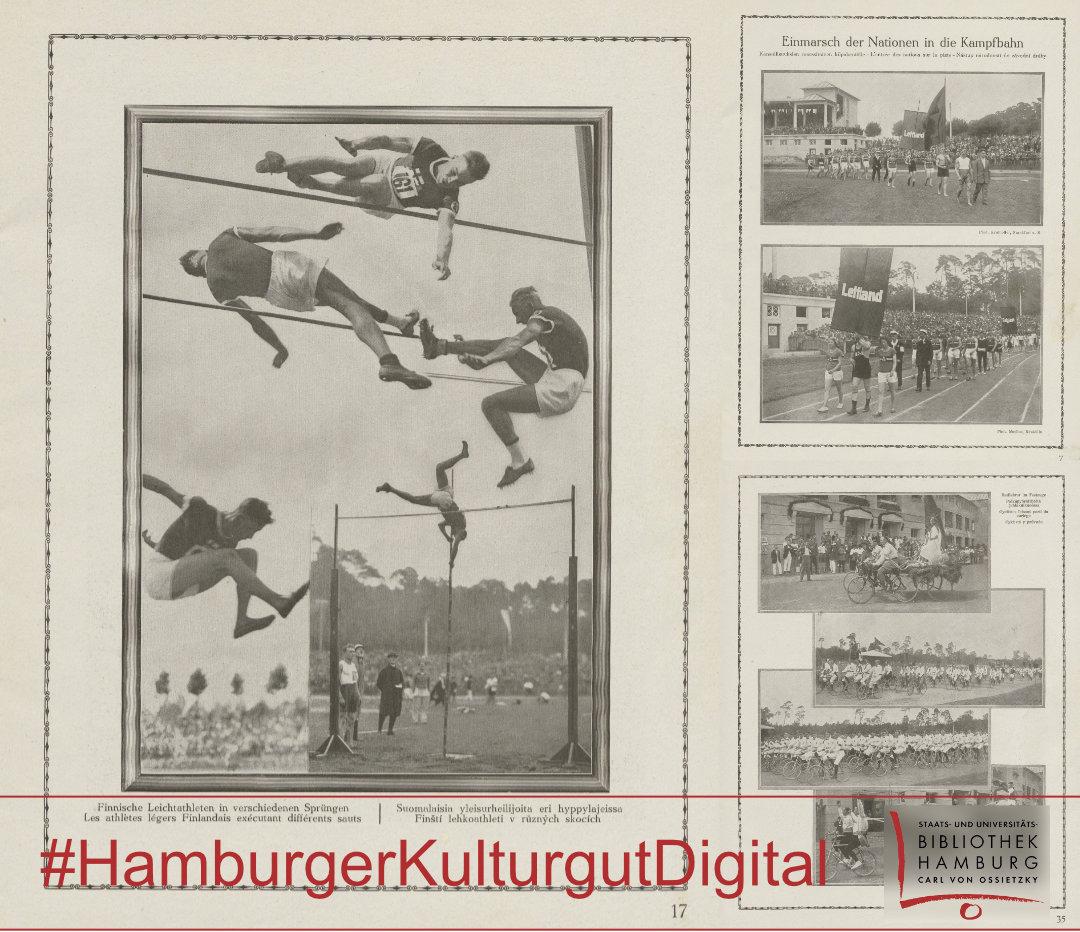 Doppelseitige Buchseite mit mehreren schwarz-weißen Fotografien von sportlichen Wettkämpfen. Links dominiert eine große Aufnahme von Hochspringern in verschiedenen Sprungphasen über eine Latte, im Hintergrund Zuschauer und Bäume. Rechts oben eine kleinere Aufnahme eines Gebäudes mit Menschen davor, darunter weitere kleinere Fotos mit Sportlern in Aktion, darunter eine Gruppe von Läufern und eine große Menschenmenge. Am unteren Rand ein roter Hashtag und ein Logo mit dem Schriftzug einer Hamburger Bibliothek.