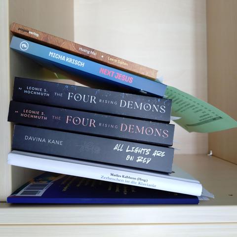 foto einiger bücher in einem regalfach; zu besseren lesbarkeit der titel auf den buchrücken wurde das foto um 90 grad nach rechts gedreht