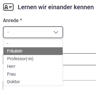 screenshot einer liste von anredemöglichhkeiten, darunter "fräulein"