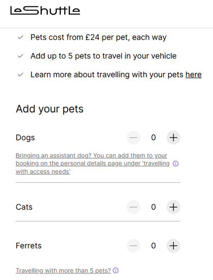 screenshot der auswahlmöglichkeit für mitreisende tiere im leshuttle-zug im eurotunnel: dogs, cats, ferrets